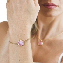 Bracciale placcato oro giallo con doppia catena e cristallo grande rosa baby [d44bb89d]