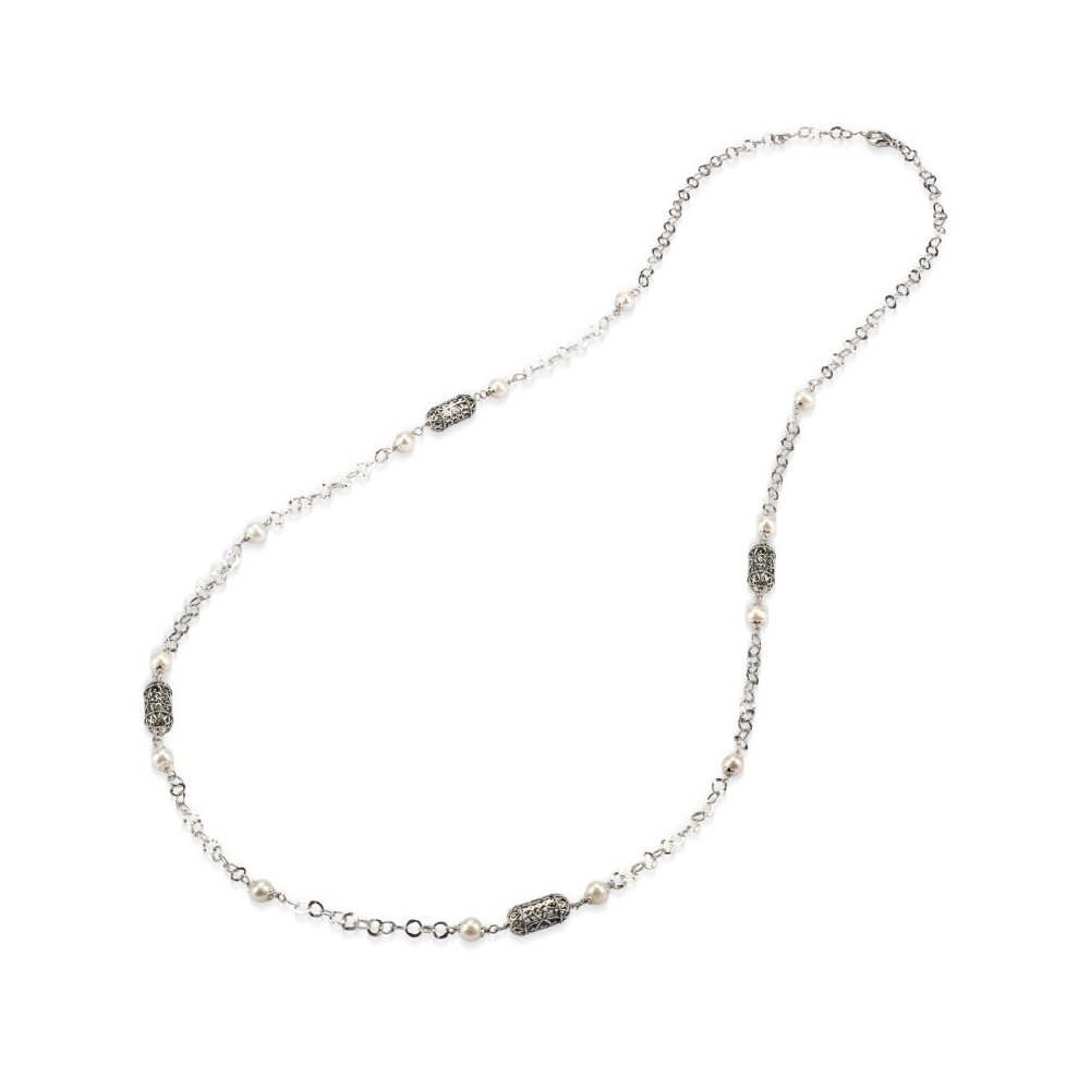 Collana lunga argento brunito con Lanterne e perle [f451ad91]