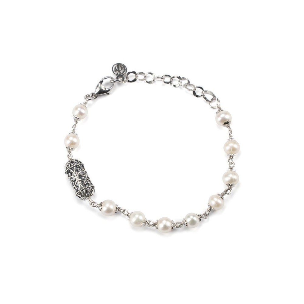 Bracciale argento brunito con Lanterna mediterranea e perle [dedebb9b]