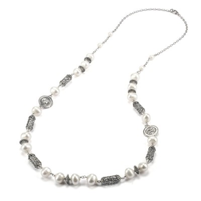 Collana lunga argento brunito con simboli Magna Grecia e perle [d68ccb48]
