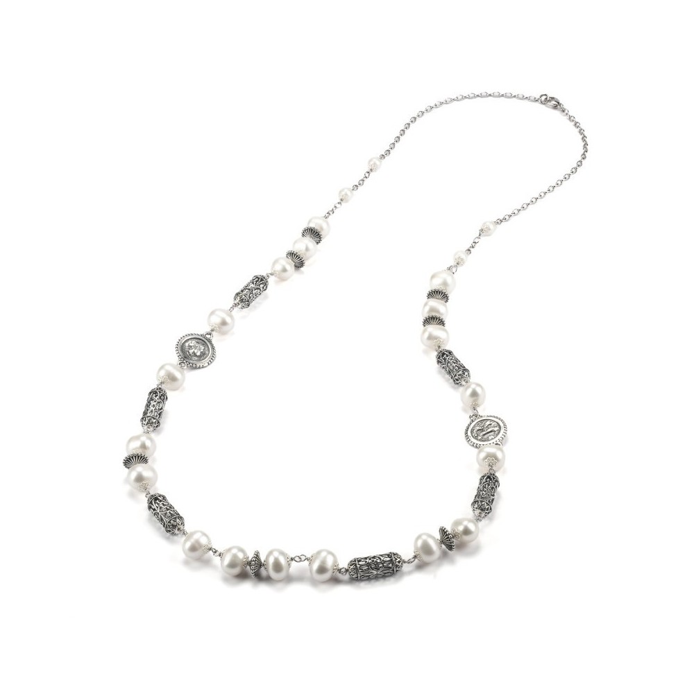 Collana lunga argento brunito con simboli Magna Grecia e perle [d68ccb48]