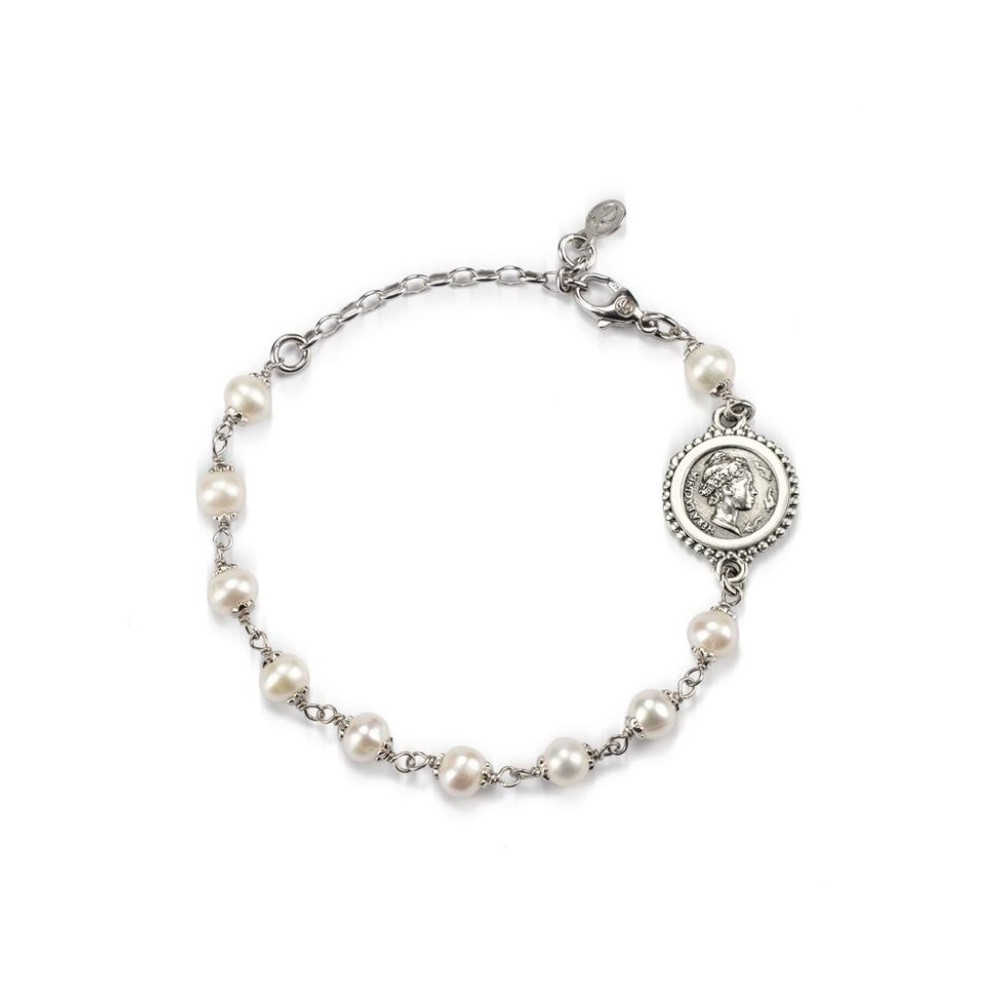 Bracciale argento brunito con filo di perle e moneta [5f79a24a]