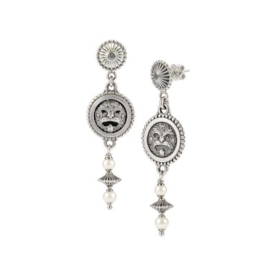 Orecchini pendenti argento brunito con perle e simbolo [ca3ea94f]