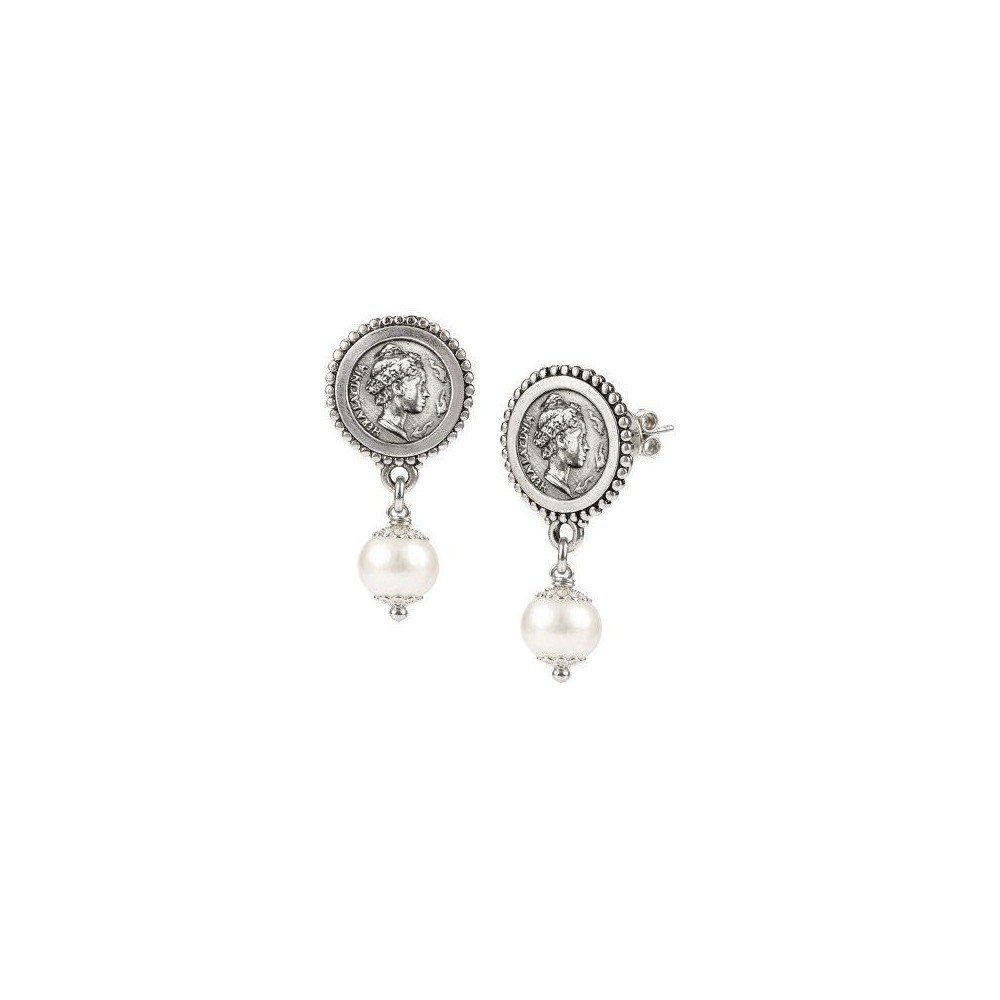 Orecchini argento brunito con Moneta di Hera e perle [c467184c]