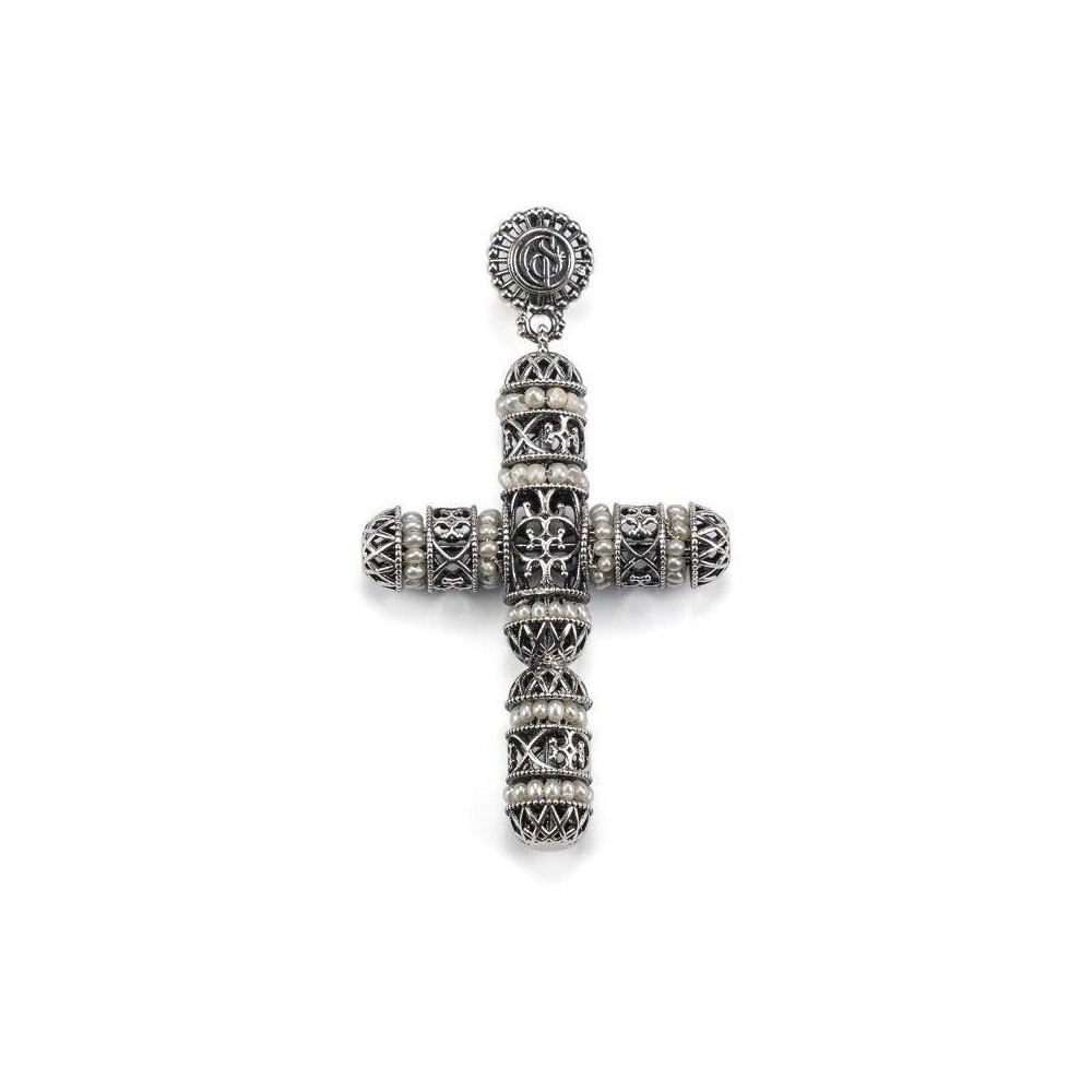 Pendente croce argento brunito con perle [7035b96f]